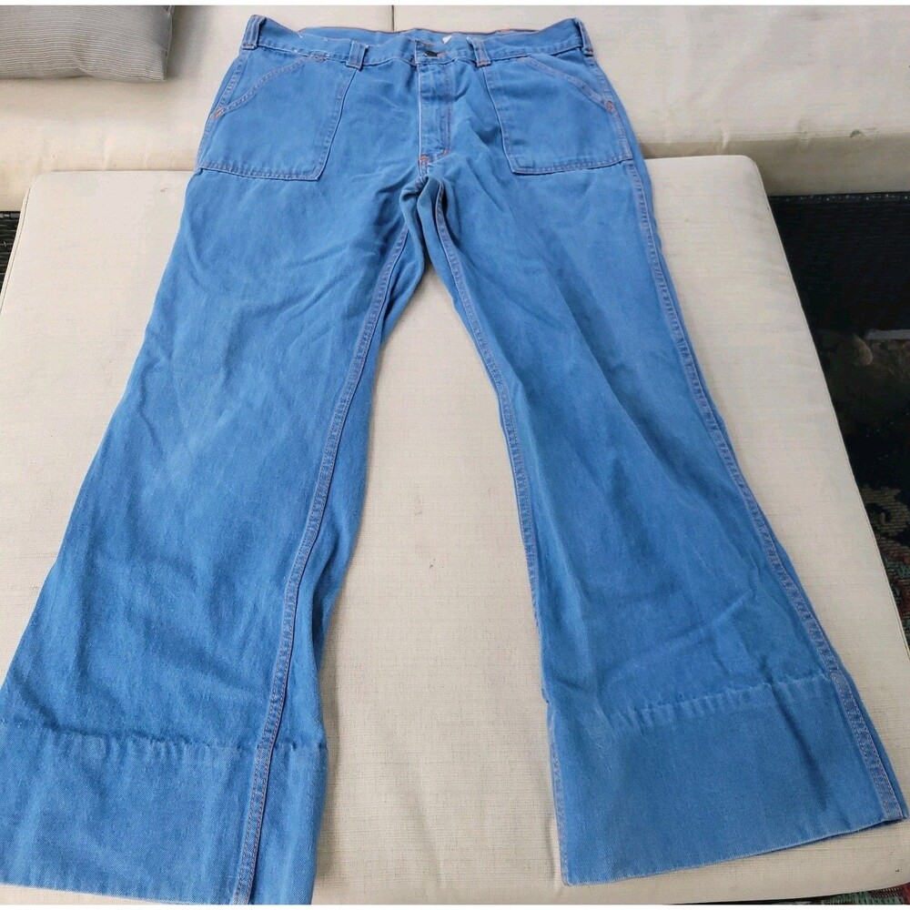 Vintage 70s Jeans 38 X 36 100% Cotton  Blue Flare Denim Pants Wide Hem Hippie